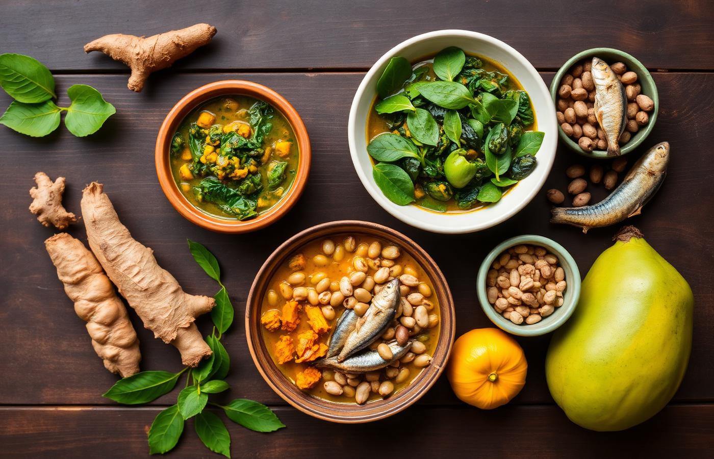 Bowls of leafy greens, fish, beans, ginger and turmeric on a wooden table